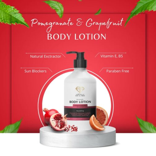 Pomegranate & Grapefruit Body Lotion by Saif Al Fares - Nourishing, Paraben-Free, with Vitamin E, B5, Sun Blockers, and Natural Extractors, displayed on a red background with fruit